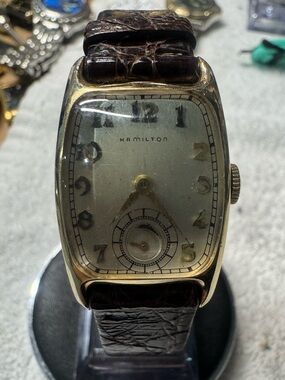 Hamilton Gold-Tone Tonneau Watch with Cream Dial and Brown Strap